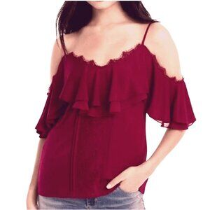 Size Small White House Black Market Dark Red Cold-Shoulder Lace Trim‎ Top Blouse